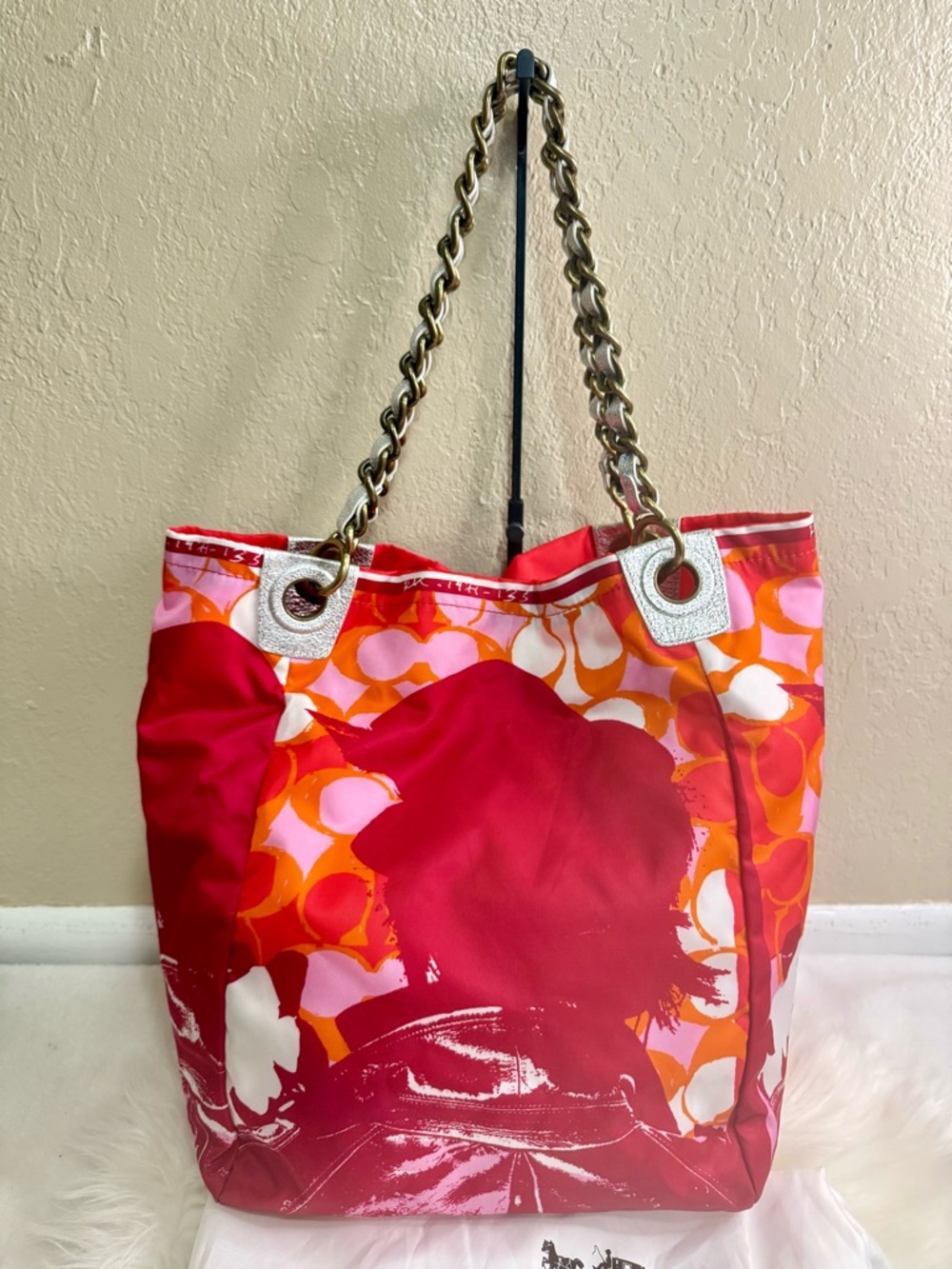 Coach Poppy Red Pink Orange Graphic Tote with Chain Straps - Picture 3 of 9